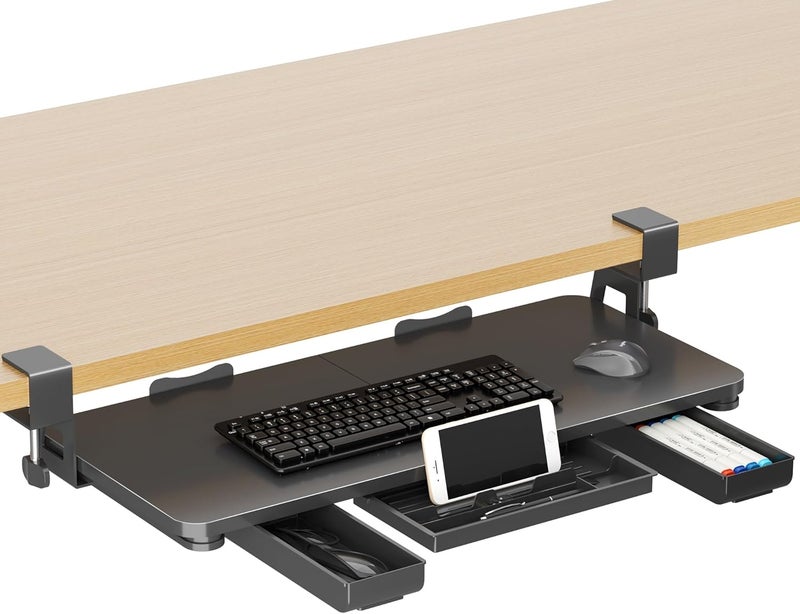Xinlei Keyboard Tray Under Desk with Storage Drawer Large C-Clamp 26.7”(31” Including Clamps) x 11.8” Slide-Out Platform Computer Drawer Pull Out Keyboard & Mouse Tray DSF7CT - Image 1